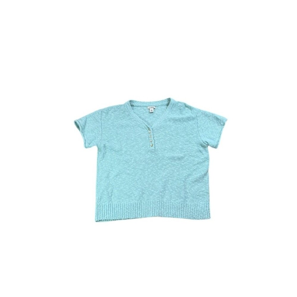 LL Bean Sweater Womens Size Medium Short Sleeve Henley Slub Cotton Pullover Blue